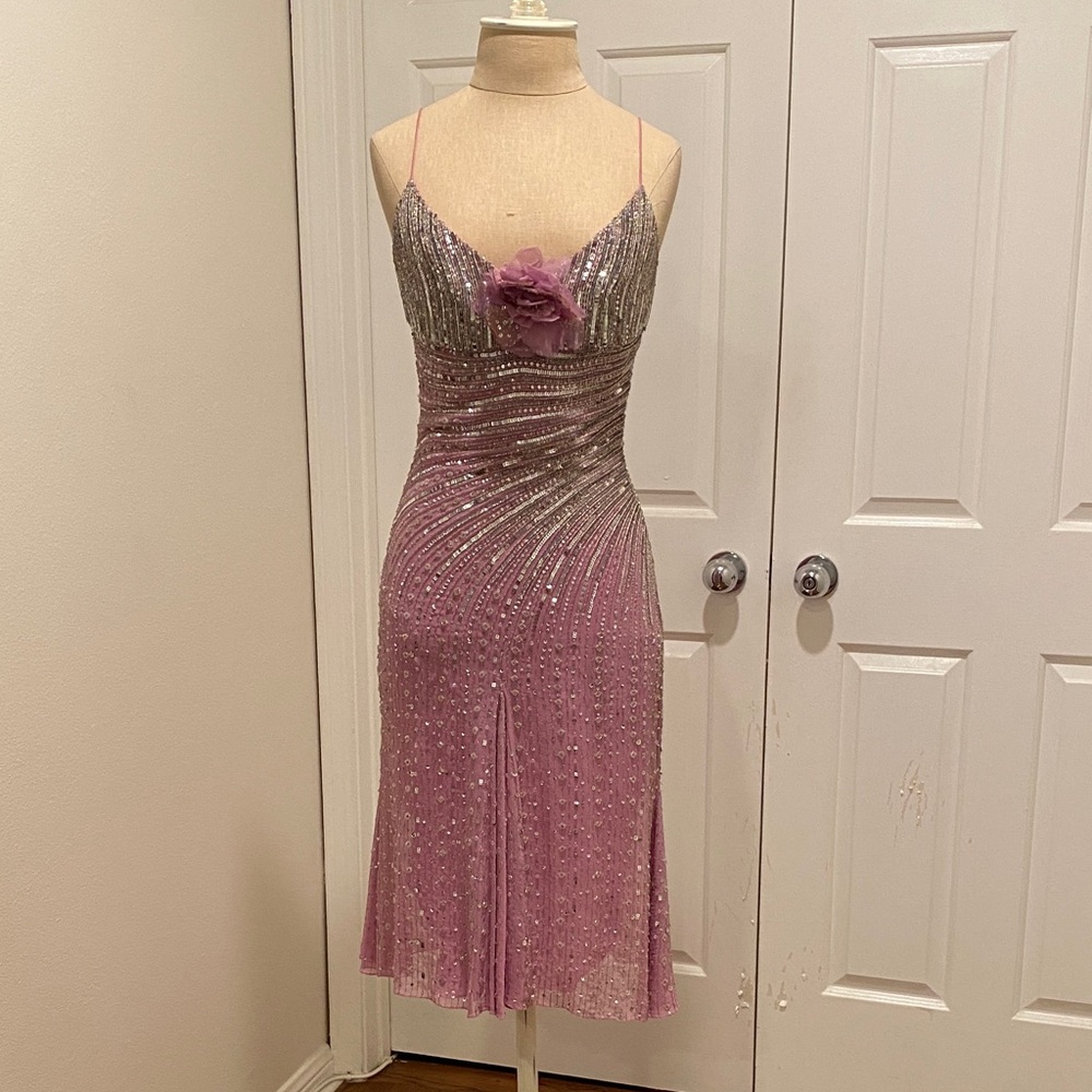 Elie Saab Dusty Rose/Lilac and Silver Beaded Midi Dress